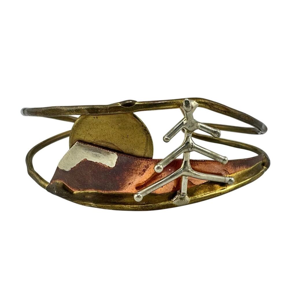 Brutalist Artisan Handmade Mixed Metal Landscape Tritone 7" Cuff Bracelet